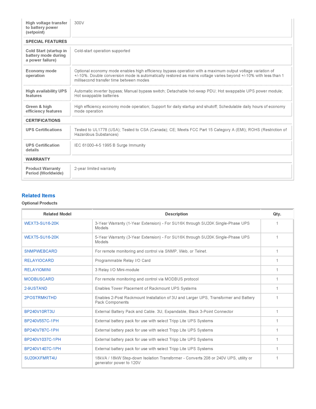 Tripp Lite SU20KRTHW manual Related Items, Special Features, Certifications, Warranty 