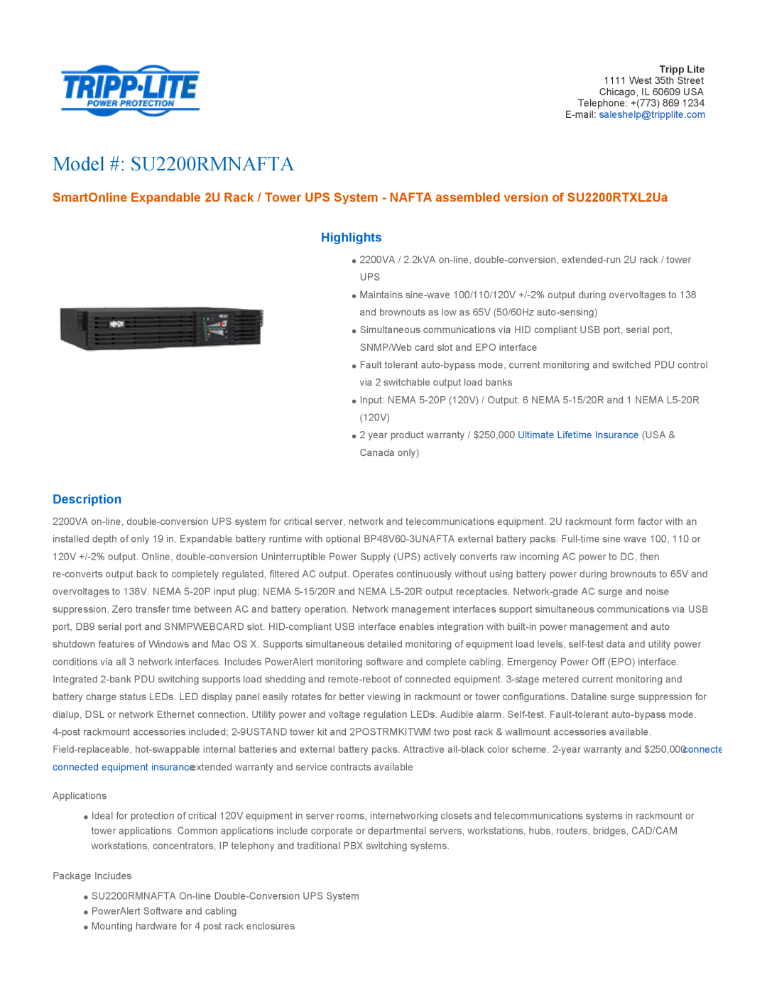 Tripp Lite warranty Highlights, Description, Model # SU2200RMNAFTA 