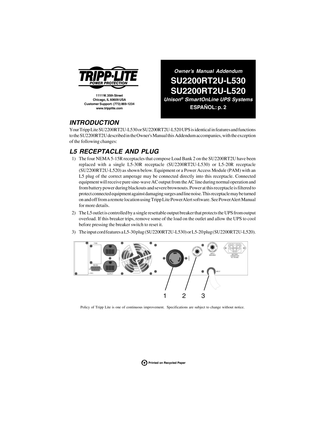 Tripp Lite owner manual SU2200RT2U-L530 SU2200RT2U-L520, Introduction L5 Receptacle and Plug 