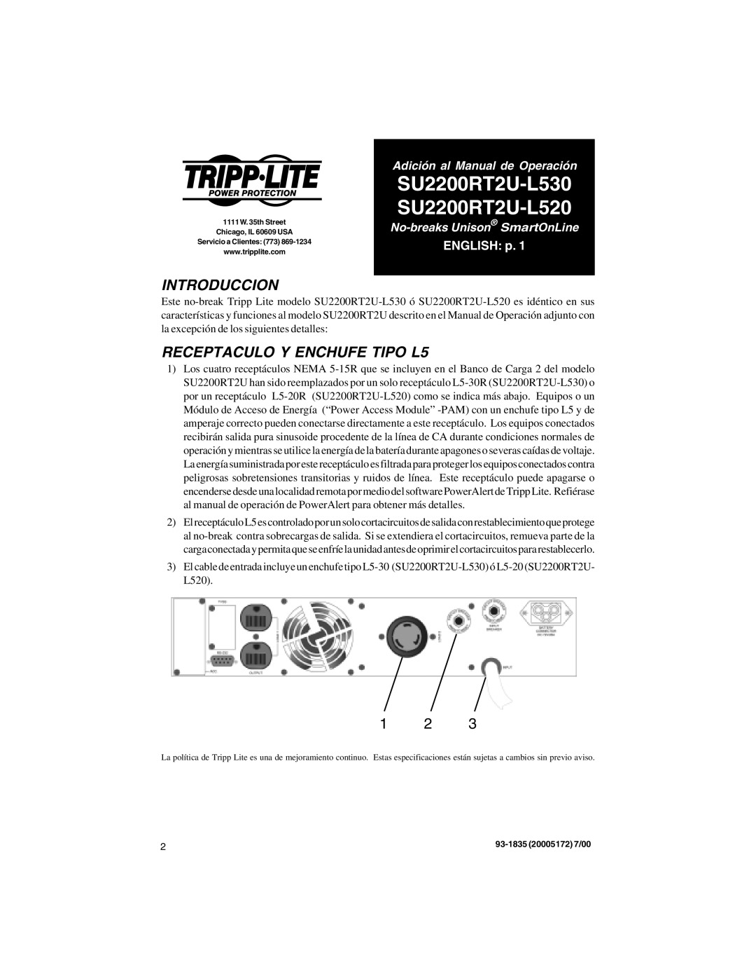 Tripp Lite SU2200RT2U-L530, SU2200RT2U-L520 owner manual Introduccion, Receptaculo Y Enchufe Tipo L5 