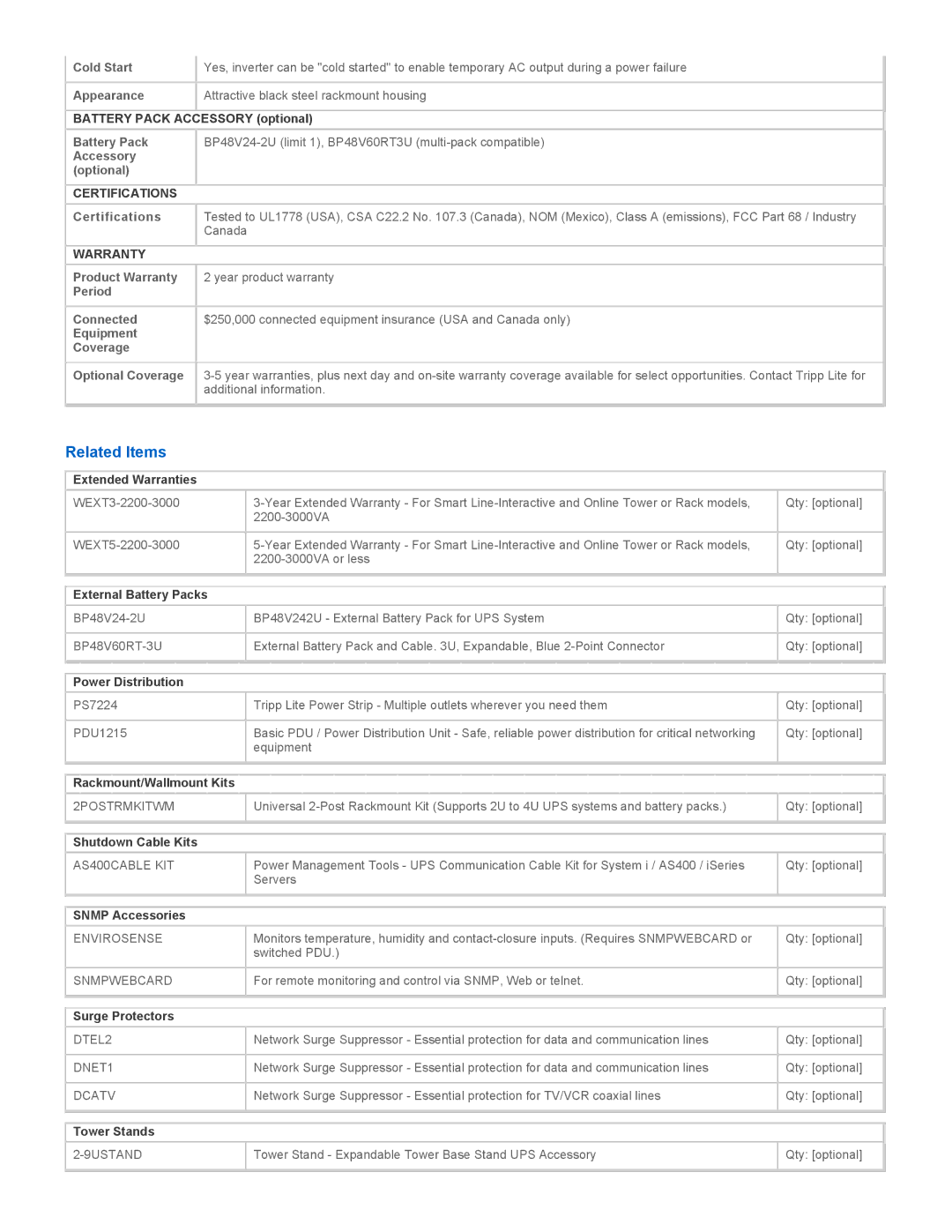 Tripp Lite SU2200RTXL2UA warranty Related Items, Certifications, Warranty 