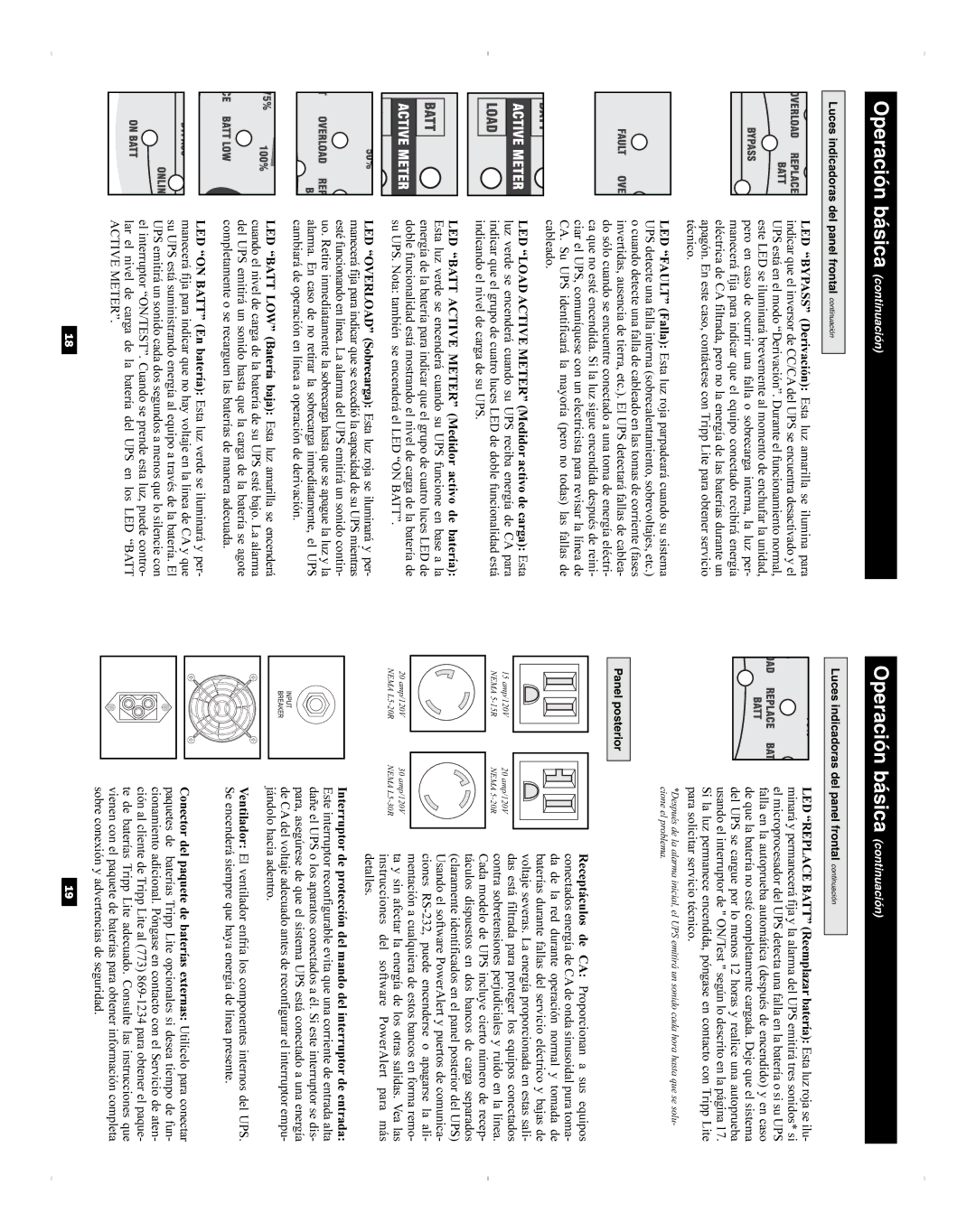 Tripp Lite SU1000XL Operación básica continuación, Luces indicadoras del panel frontal continuación, Panel posterior 