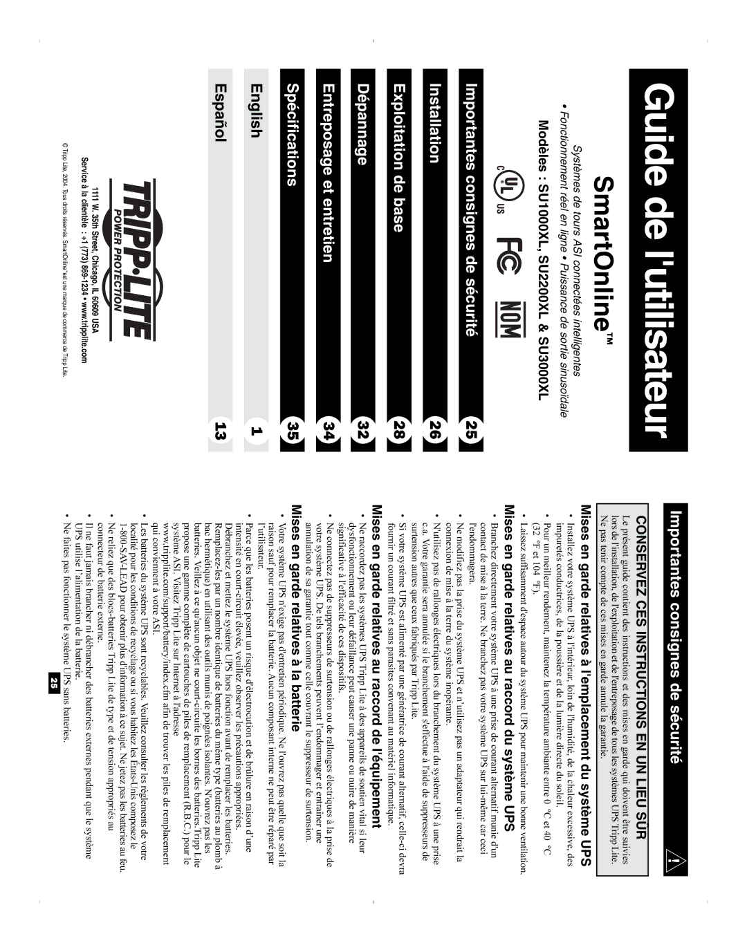 Tripp Lite SU1000XL, SU2200XL, SU3000XL owner manual Guide de lutilisateur, Importantes consignes de sécurité 