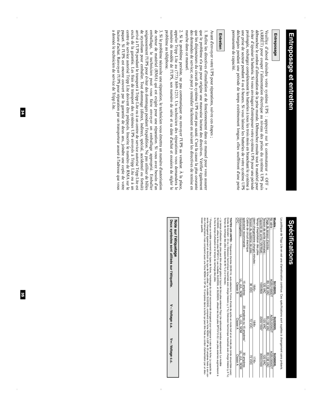 Tripp Lite SU2200XL, SU1000XL, SU3000XL owner manual Entreposage, Entretien 