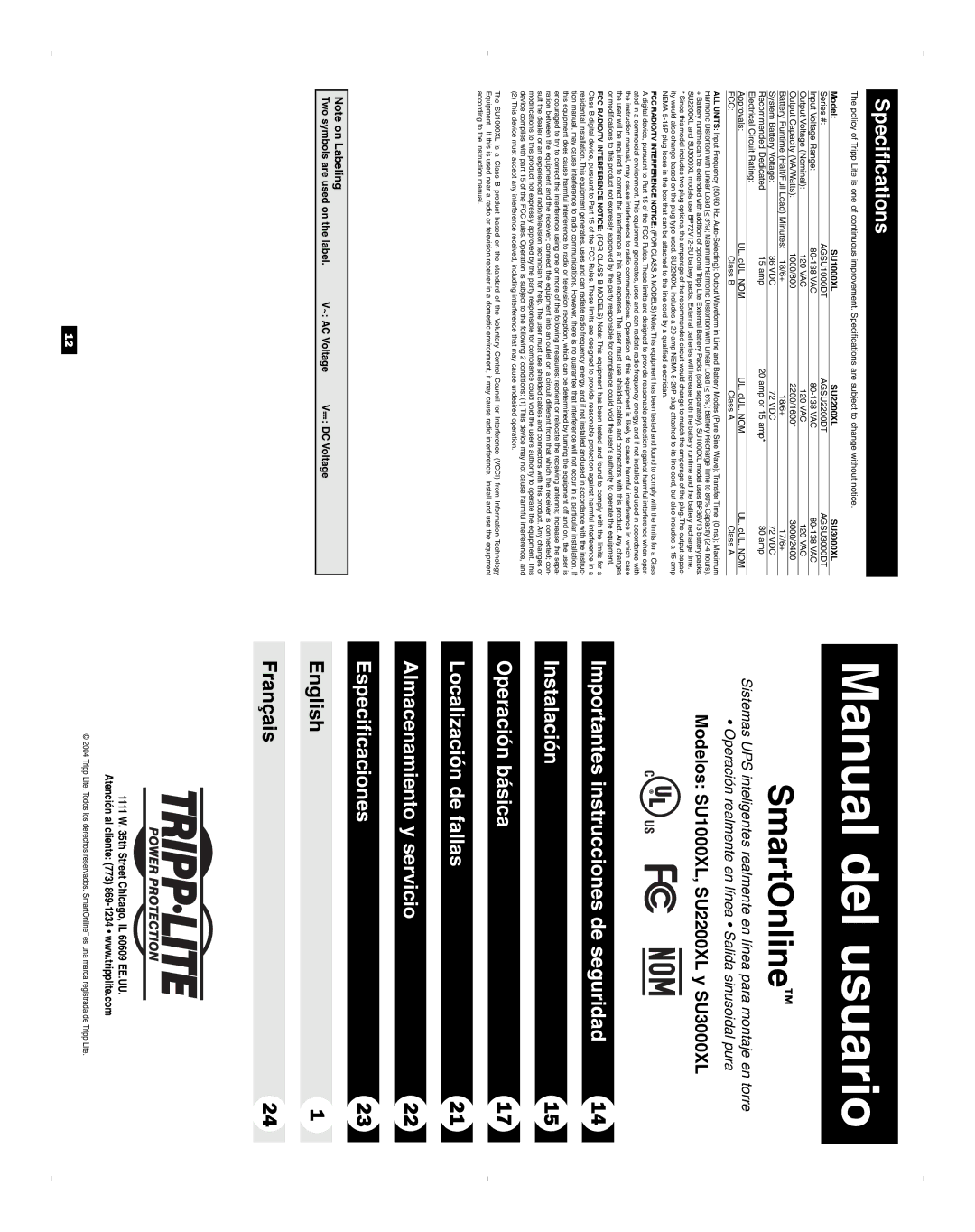 Tripp Lite SU1000XL, SU2200XL, SU3000XL owner manual Manual del usuario 