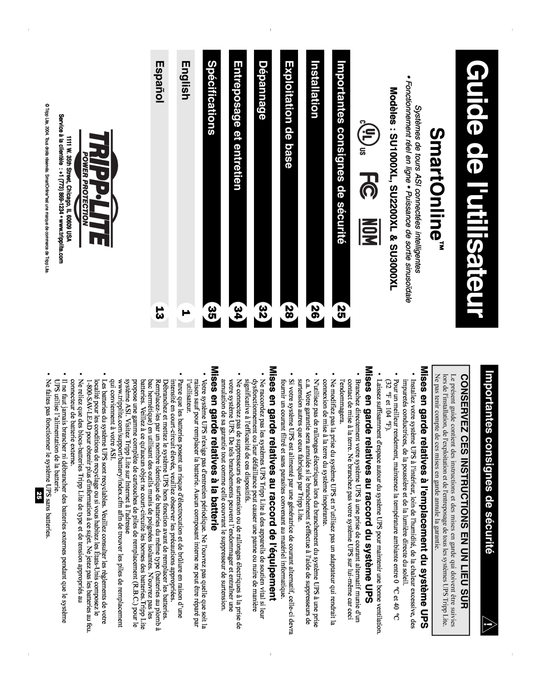 Tripp Lite SU1000XL Guide de lutilisateur, Importantes consignes de sécurité, Installation, Exploitation de base, English 