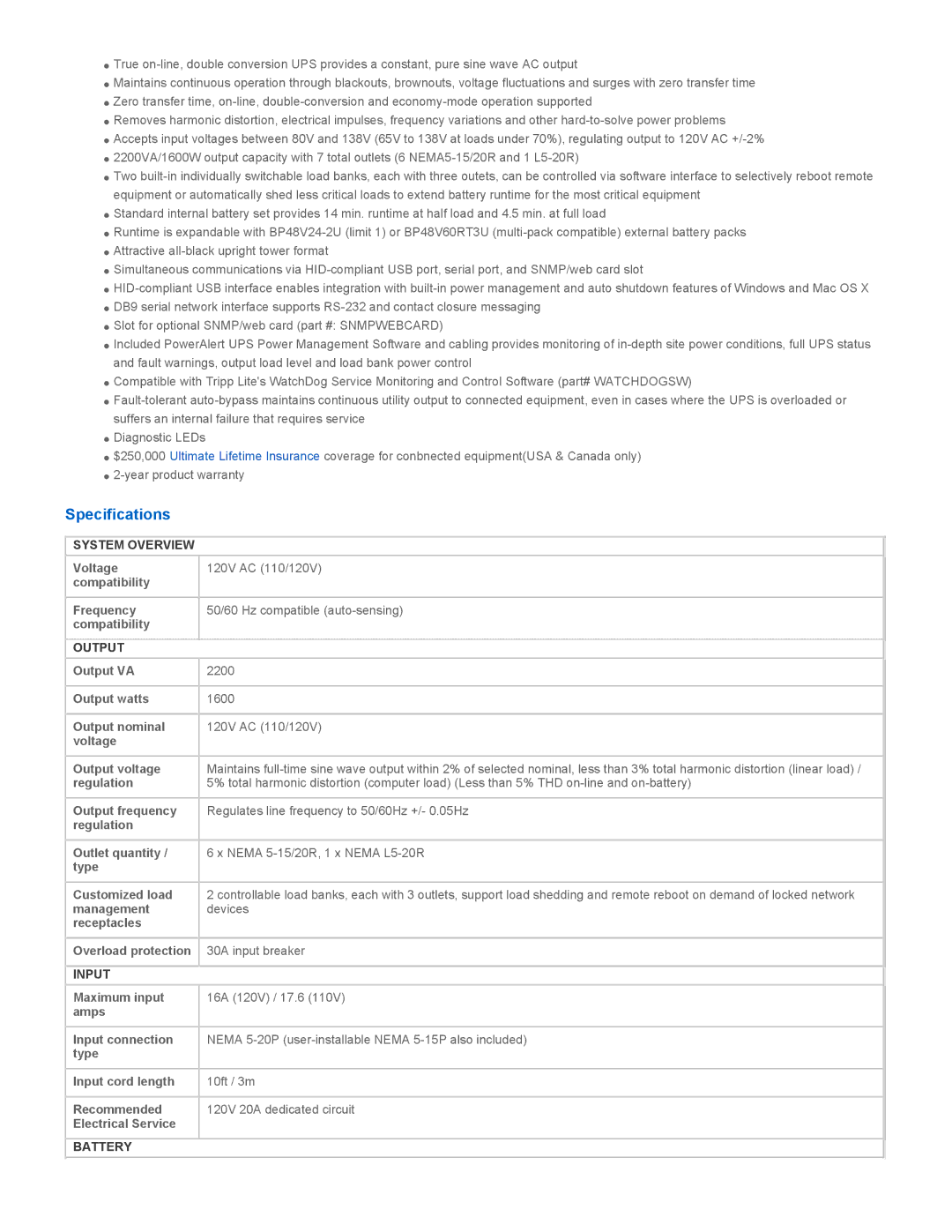 Tripp Lite SU2200XLA warranty Specifications, System Overview, Output, Input, Battery 