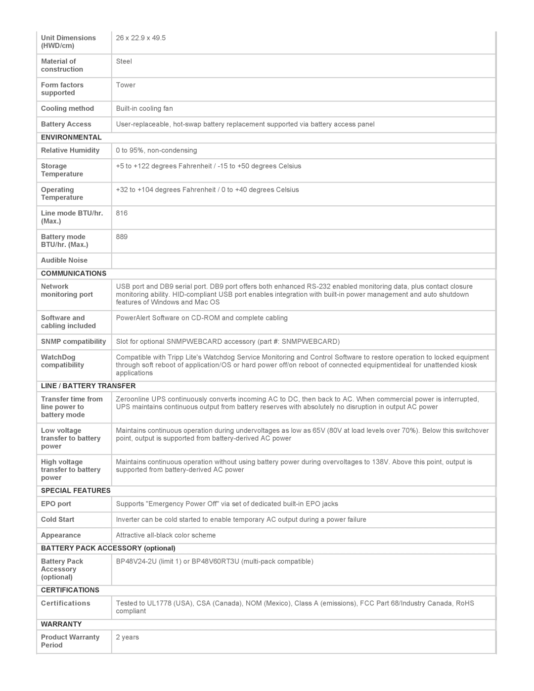 Tripp Lite SU2200XLA Environmental, Communications, Line / Battery Transfer, Special Features, Certifications, Warranty 