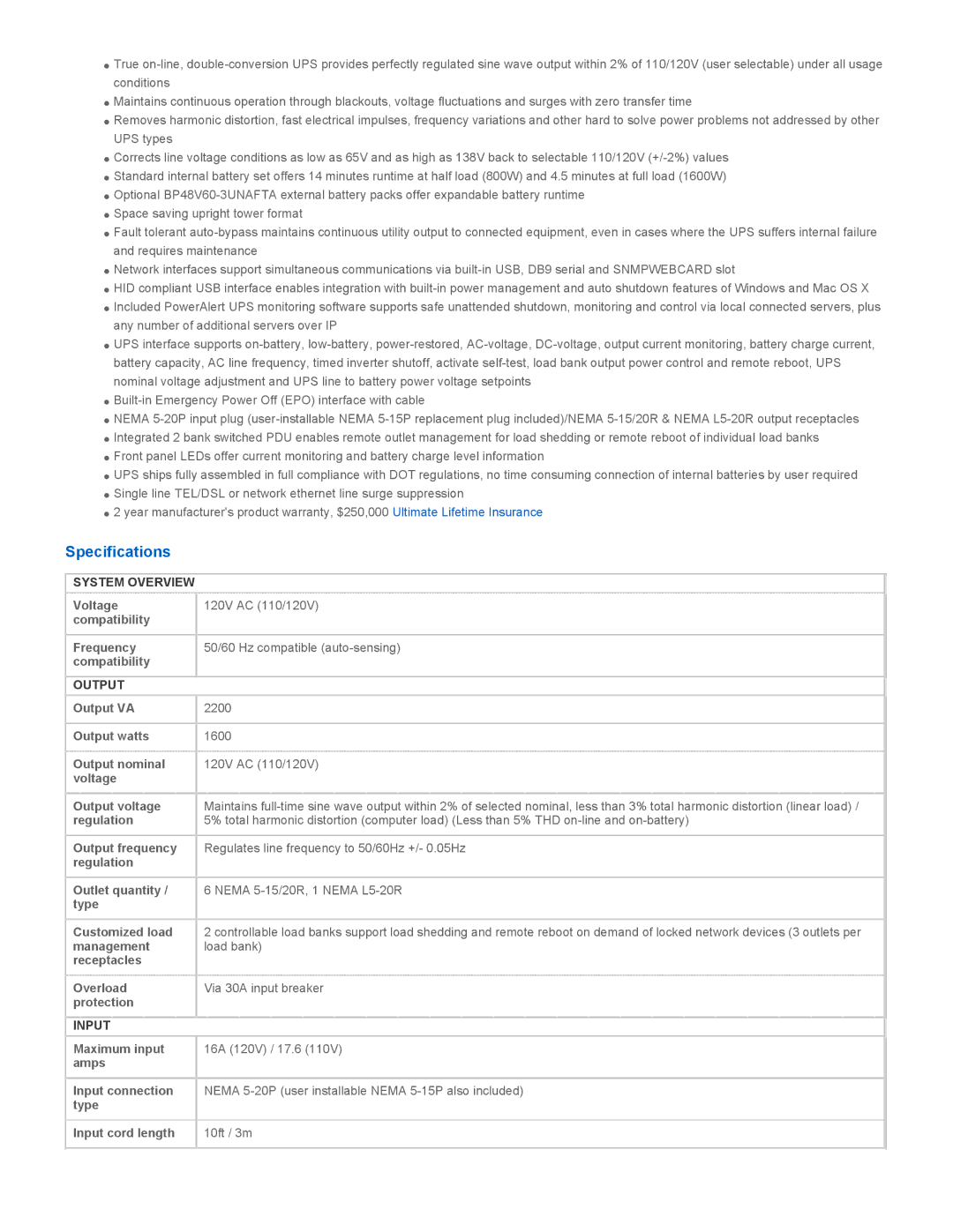 Tripp Lite SU2200XLNAFTA warranty Specifications, System Overview, Output, Input 