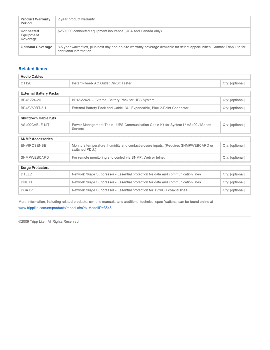 Tripp Lite SU2200XLNAFTA warranty Related Items, External Battery Packs 