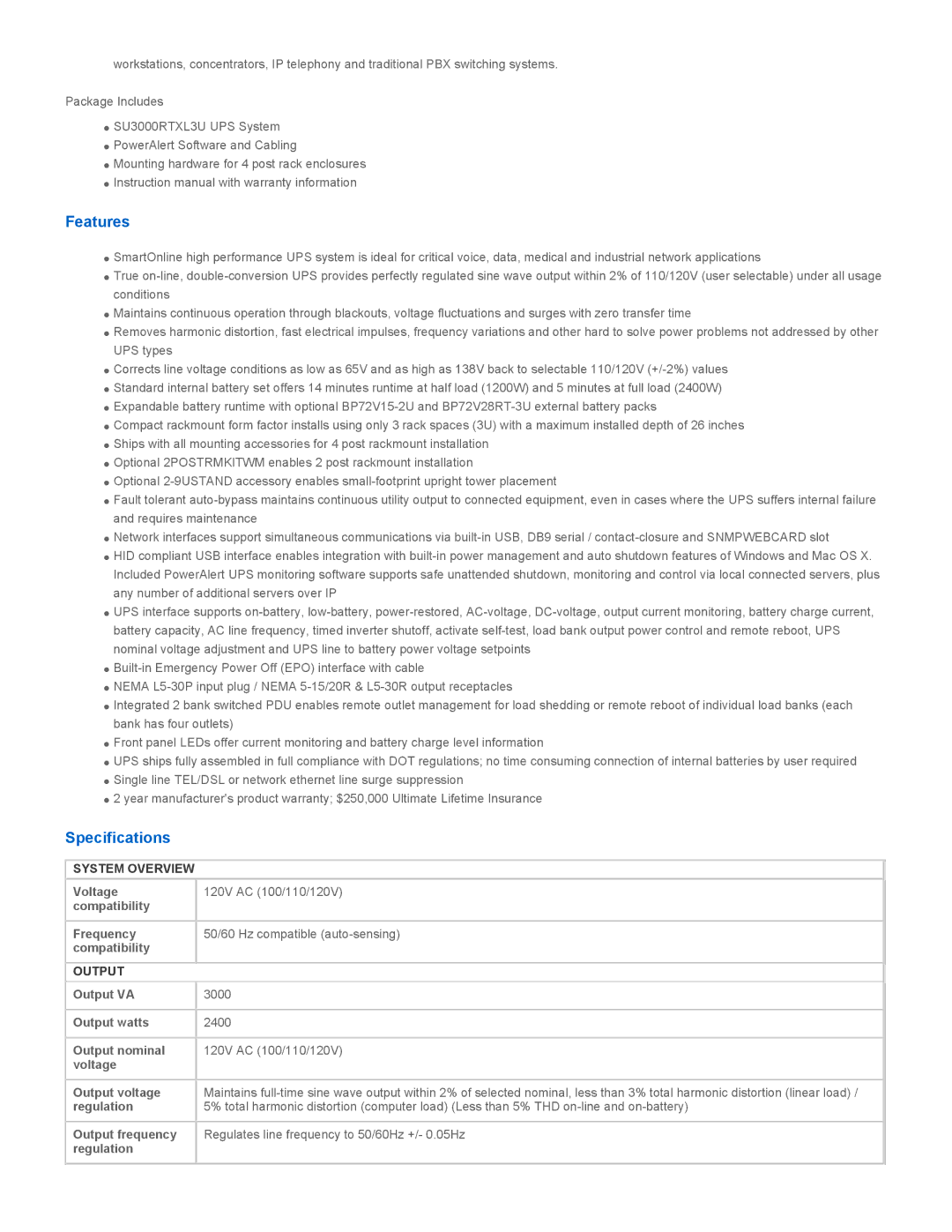 Tripp Lite SU3000RTXL3U warranty Features, Specifications, System Overview, Output 