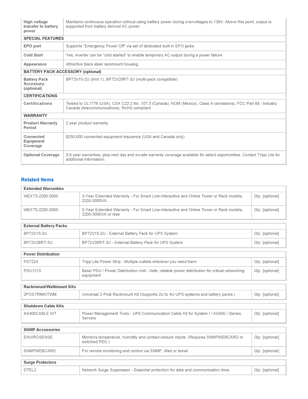 Tripp Lite SU3000RTXL3U warranty Related Items, Special Features, Certifications, Warranty 