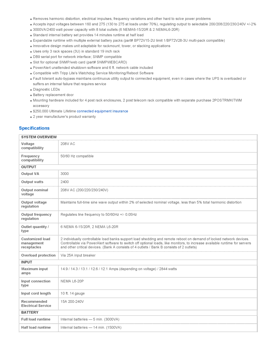 Tripp Lite SU3000RTXL3UHV warranty Specifications, System Overview, Output, Input, Battery 