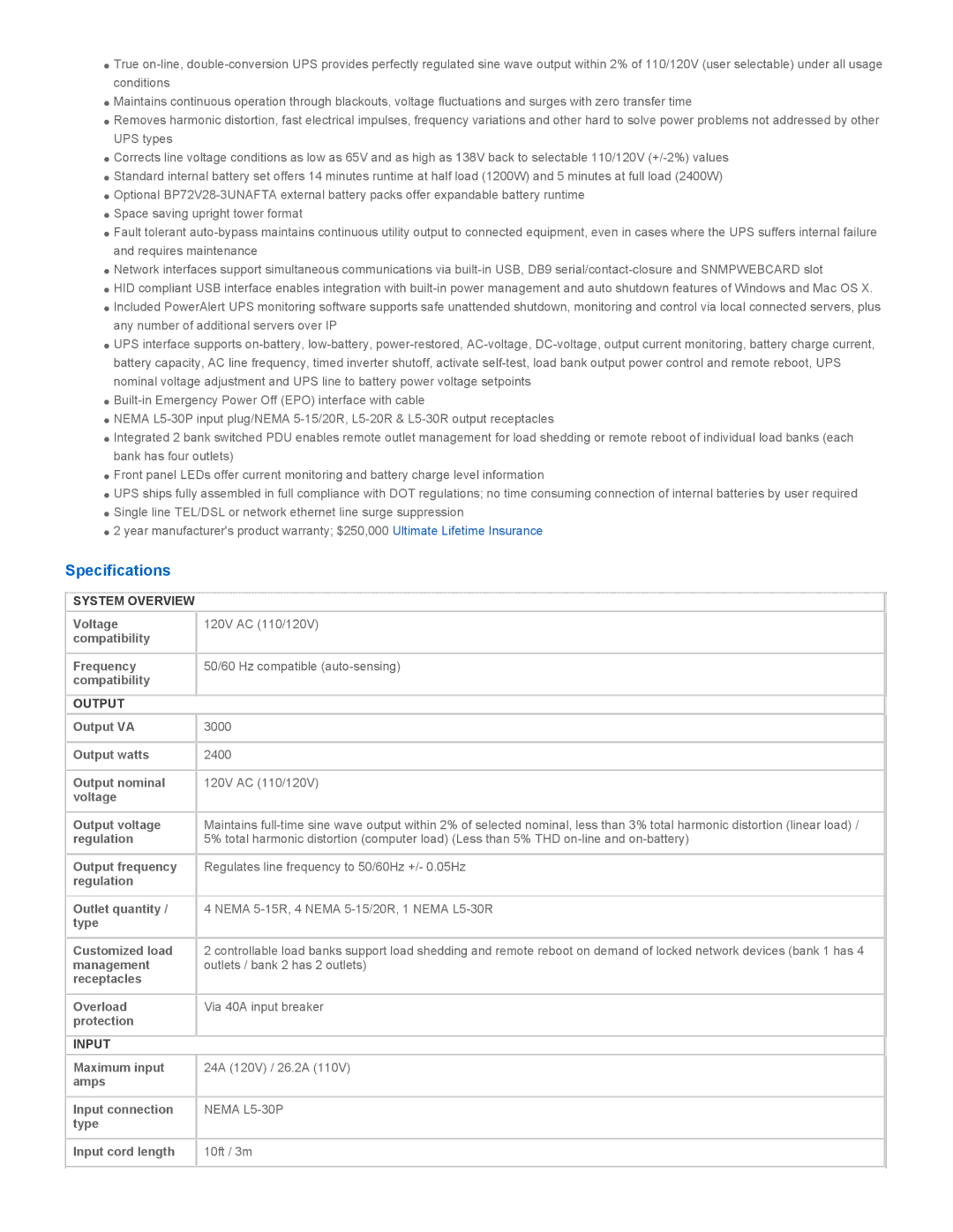 Tripp Lite SU3000XLNAFTA warranty Specifications, System Overview, Output, Input 