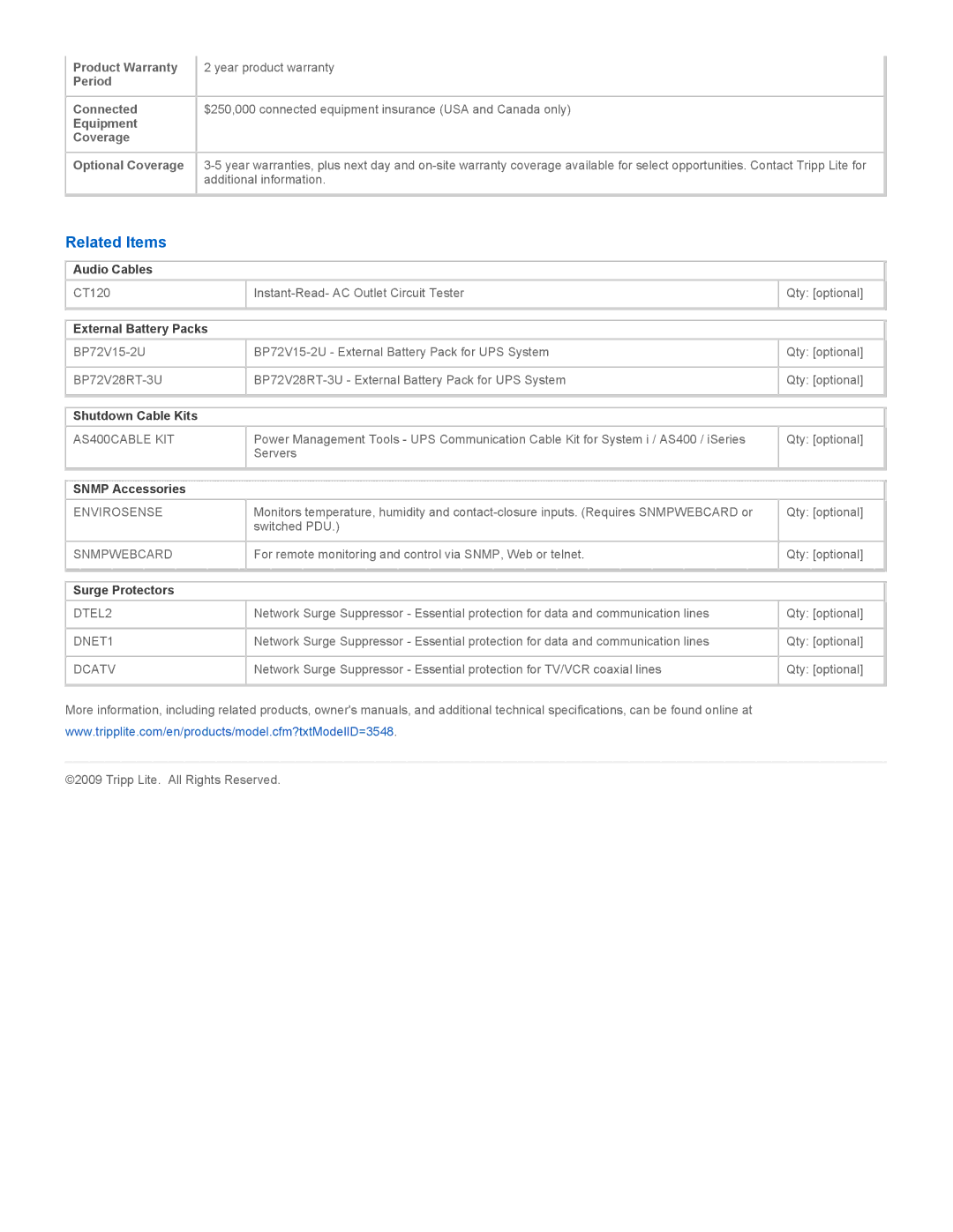 Tripp Lite SU3000XLNAFTA warranty Related Items, External Battery Packs 