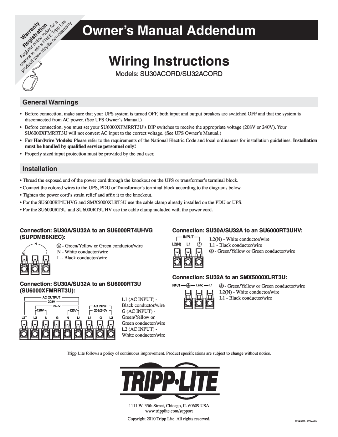 Tripp Lite owner manual Owner’s Manual Addendum, Wiring Instructions, Models SU30ACORD/SU32ACORD, General Warnings 