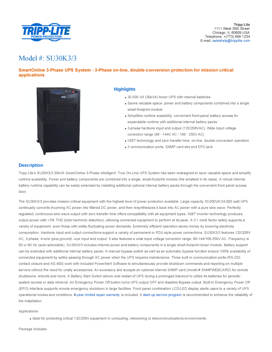 Tripp Lite SU30K3/3 warranty Highlights, Description 