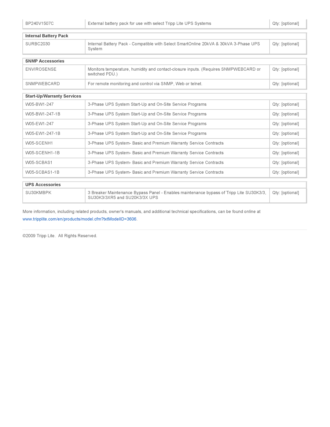 Tripp Lite SU30K3/3 warranty Internal Battery Pack, Snmp Accessories, Start-Up/Warranty Services, UPS Accessories 