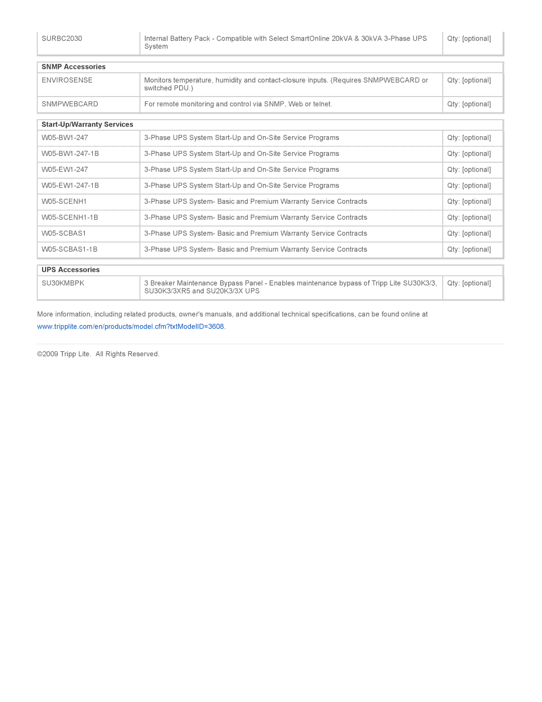 Tripp Lite SU30K3/3XR5 warranty Snmp Accessories, Start-Up/Warranty Services, UPS Accessories 