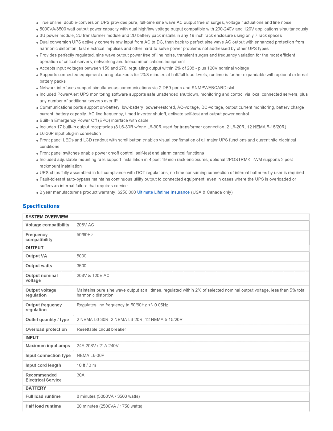 Tripp Lite SU5000RT3U warranty Specifications, System Overview, Output, Input, Battery 