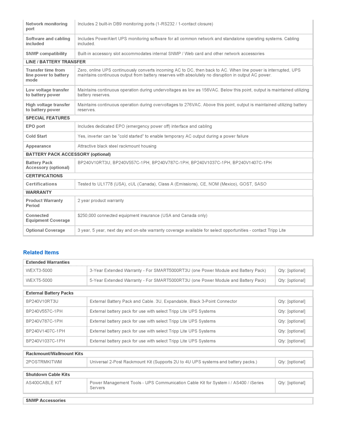Tripp Lite SU5000RT3U warranty Related Items, Line / Battery Transfer, Special Features, Certifications, Warranty 
