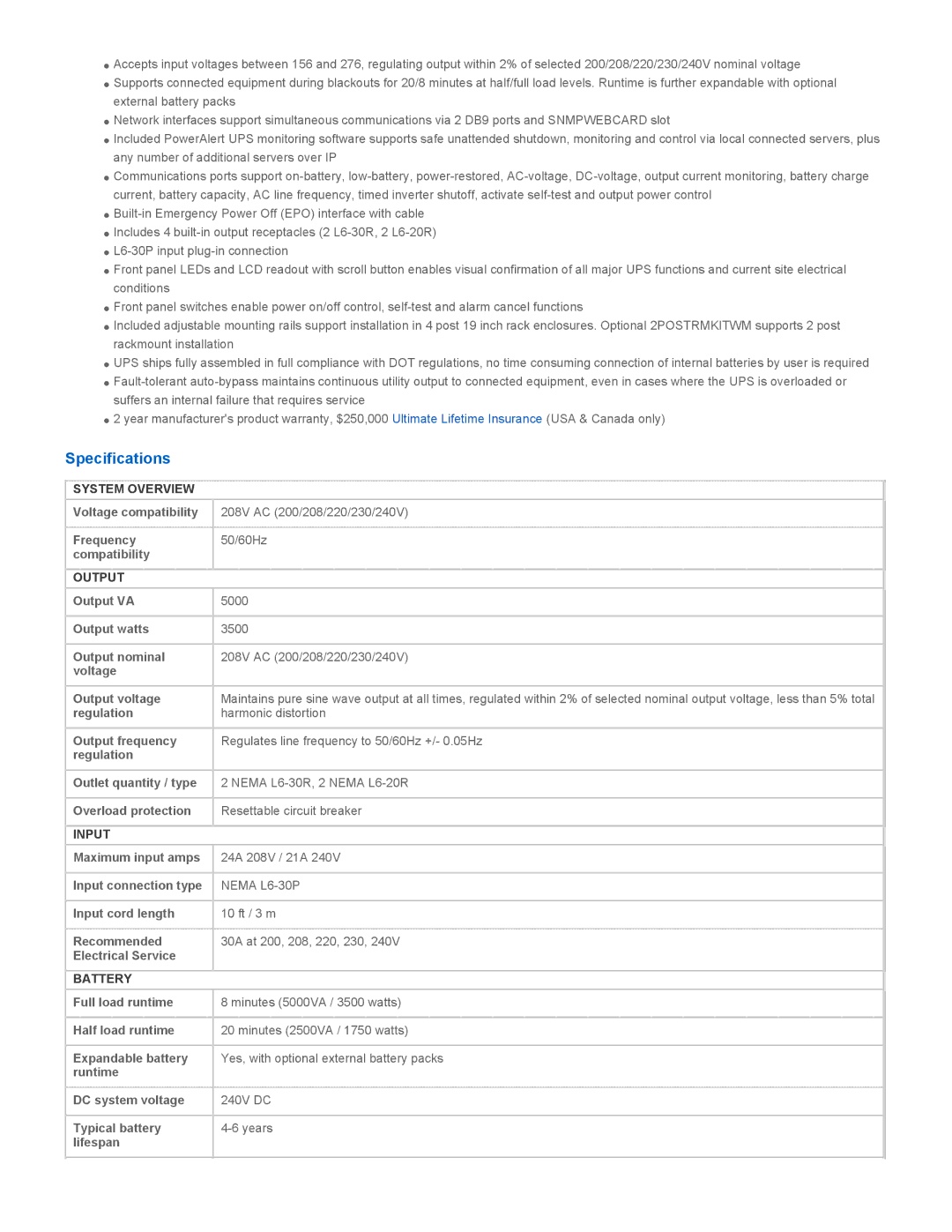 Tripp Lite SU5000RT3UHV warranty Specifications, System Overview, Output, Input, Battery 