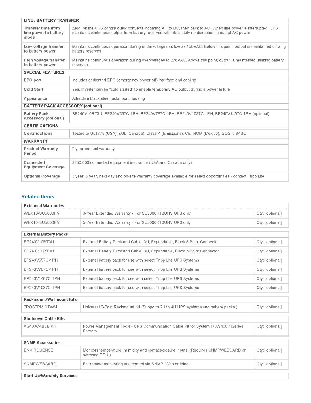 Tripp Lite SU5000RT3UHV warranty Related Items, Line / Battery Transfer, Special Features, Certifications, Warranty 