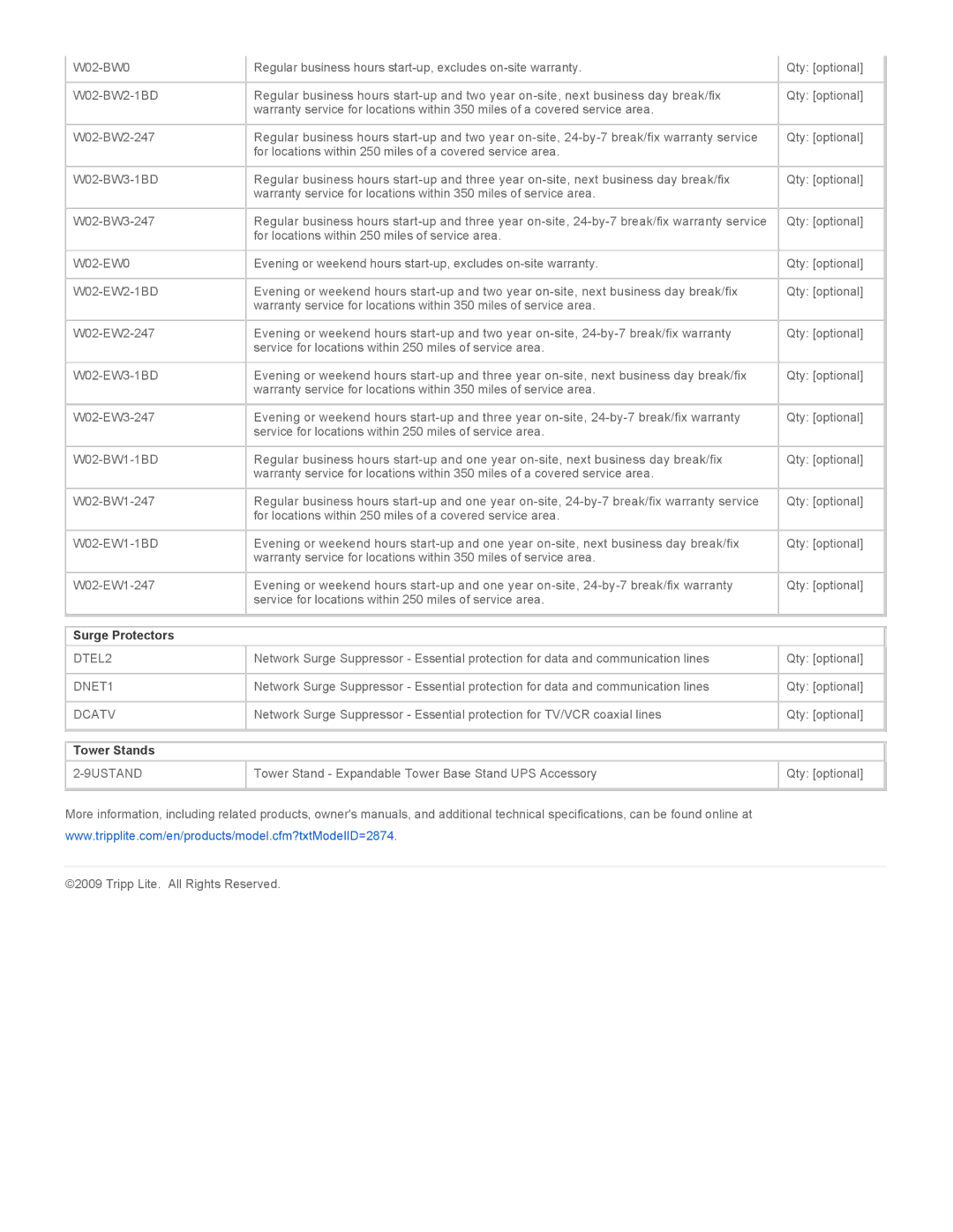 Tripp Lite SU5000RT3UHV warranty Surge Protectors, DTEL2 DNET1 Dcatv, Tower Stands, 9USTAND 