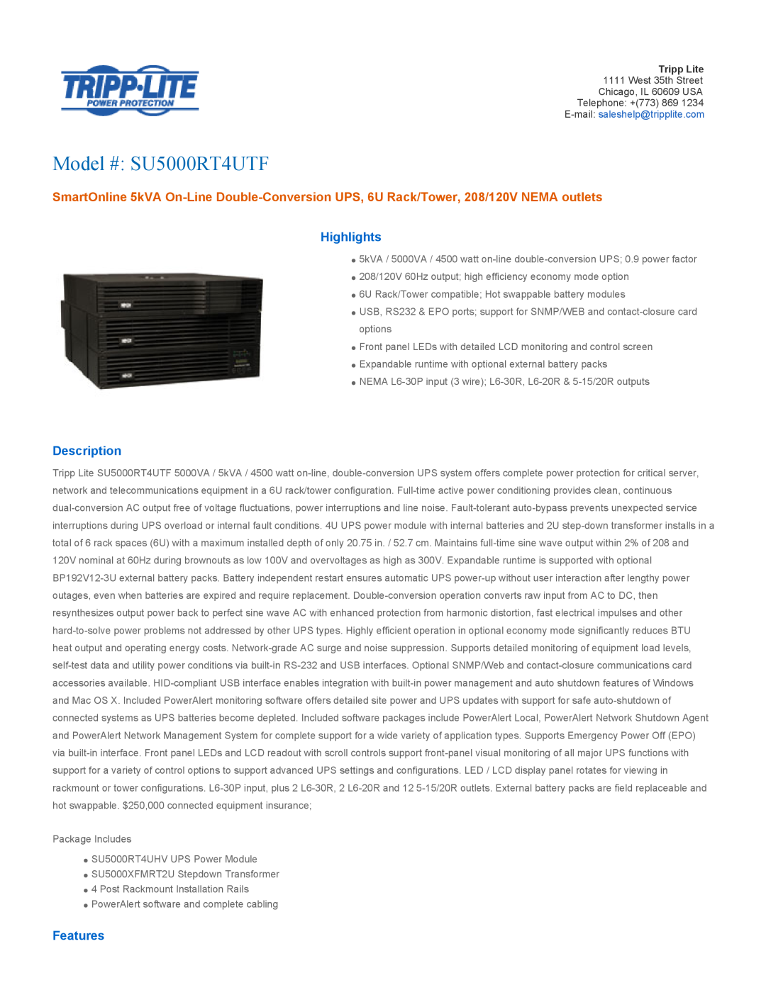 Tripp Lite manual Highlights, Description, Features, Model # SU5000RT4UTF 