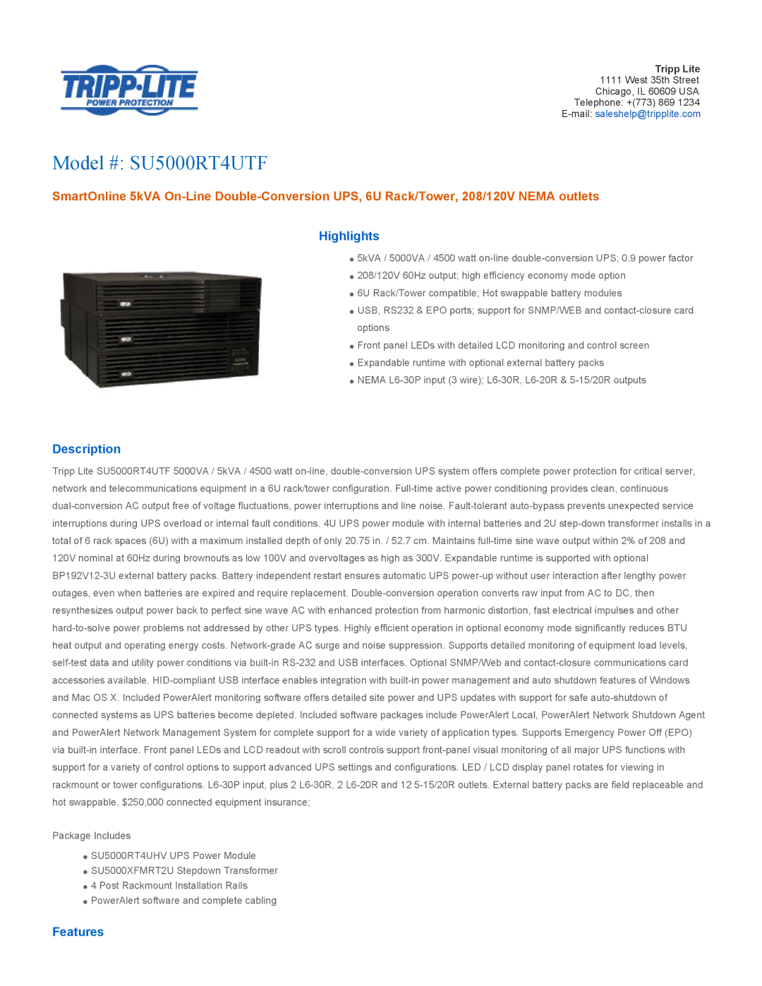 Tripp Lite SU5000RT4UTF manual Highlights, Description, Features 