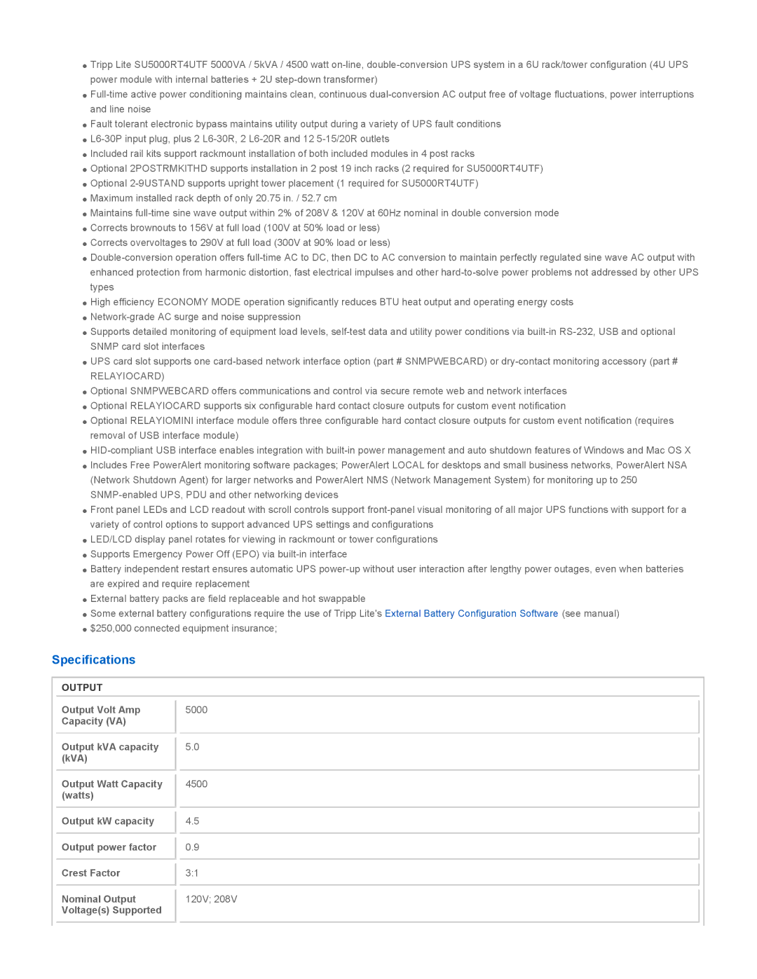 Tripp Lite SU5000RT4UTF manual Specifications, Output 