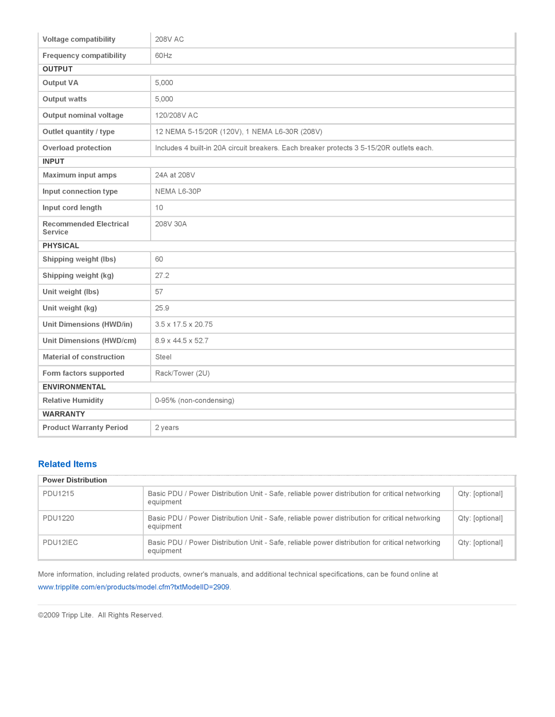 Tripp Lite SU5000XFMRT2U specifications Related Items 