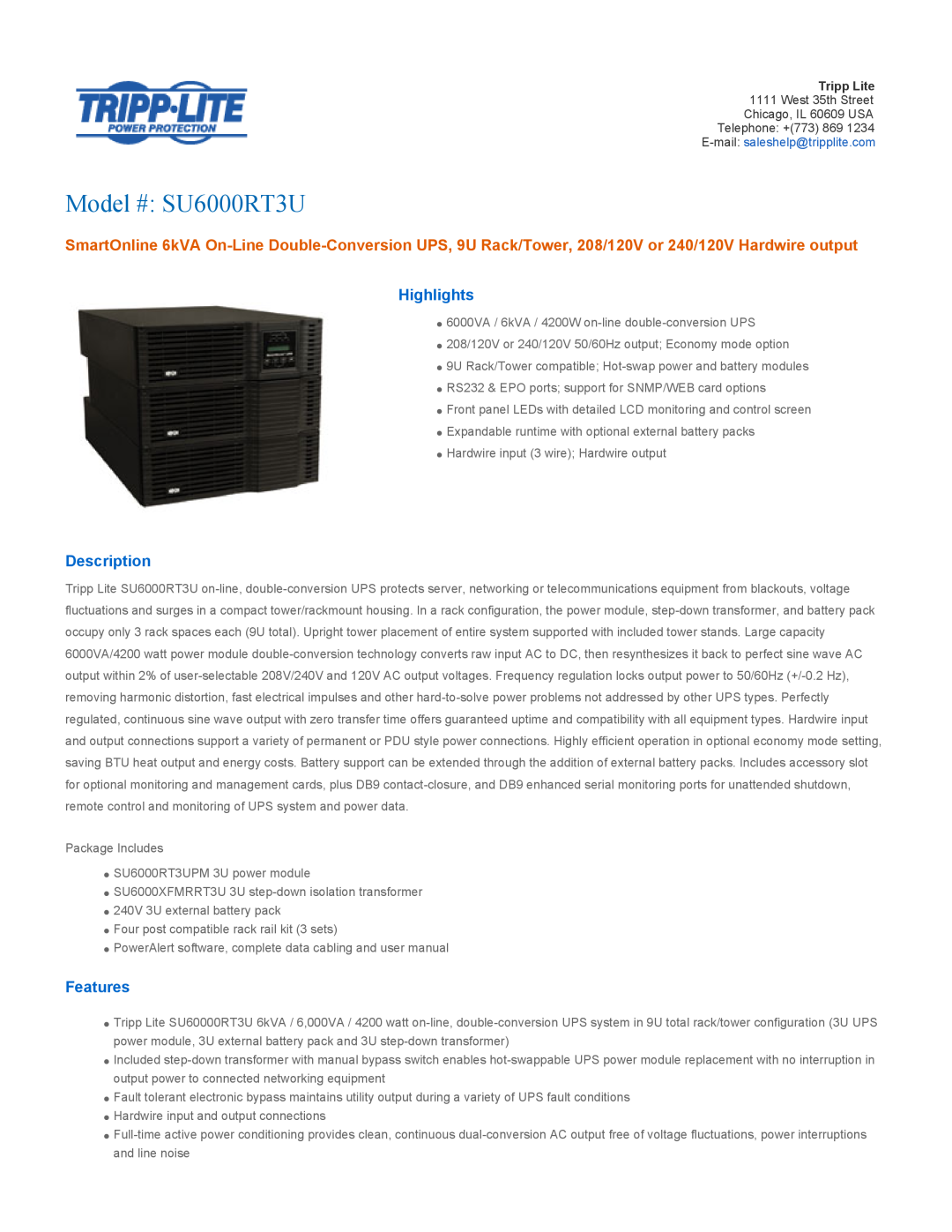 Tripp Lite user manual Highlights, Description, Features, Model # SU6000RT3U 