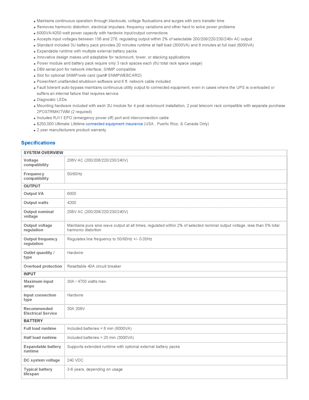 Tripp Lite SU6000RT3UHV warranty Specifications, System Overview, Output, Input, Battery 