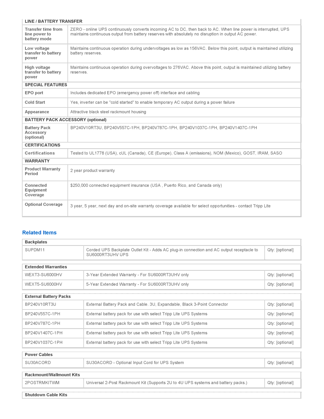 Tripp Lite SU6000RT3UHV warranty Related Items, Line / Battery Transfer, Special Features, Certifications, Warranty 