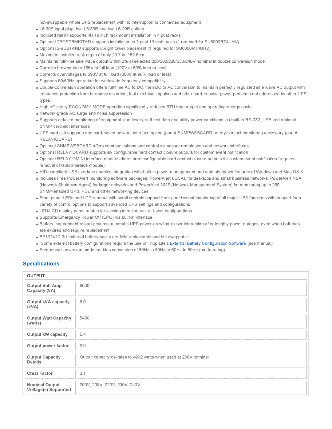 Tripp Lite SU6000RT4UHV warranty Specifications, Output 