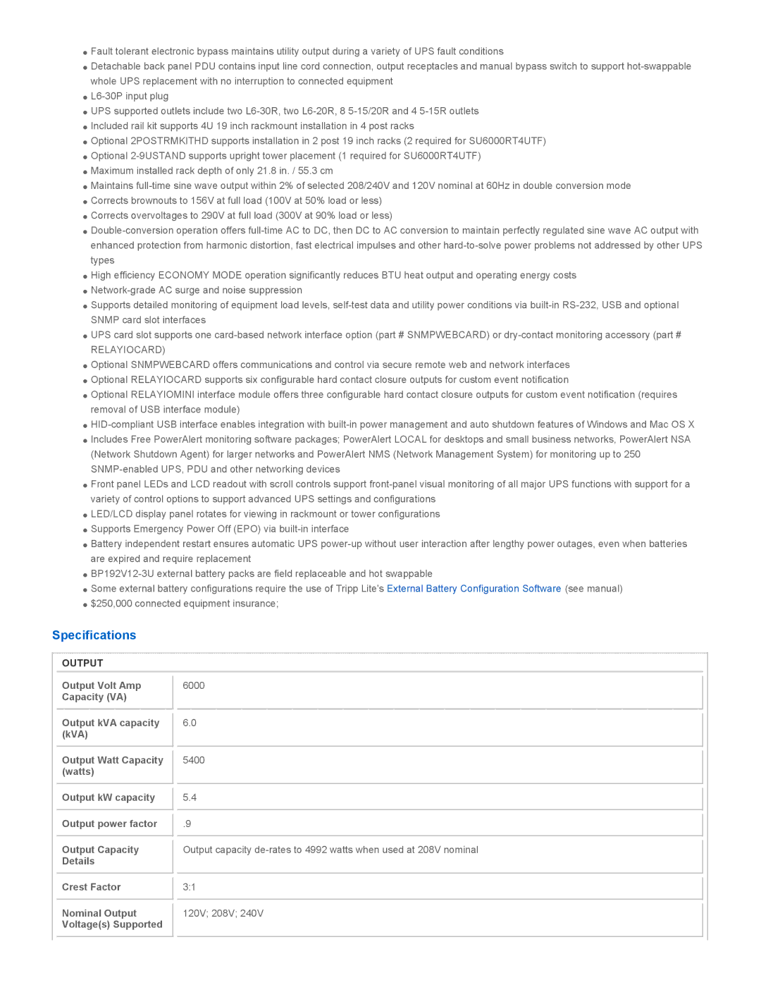 Tripp Lite SU6000RT4UTF warranty Specifications, Output 