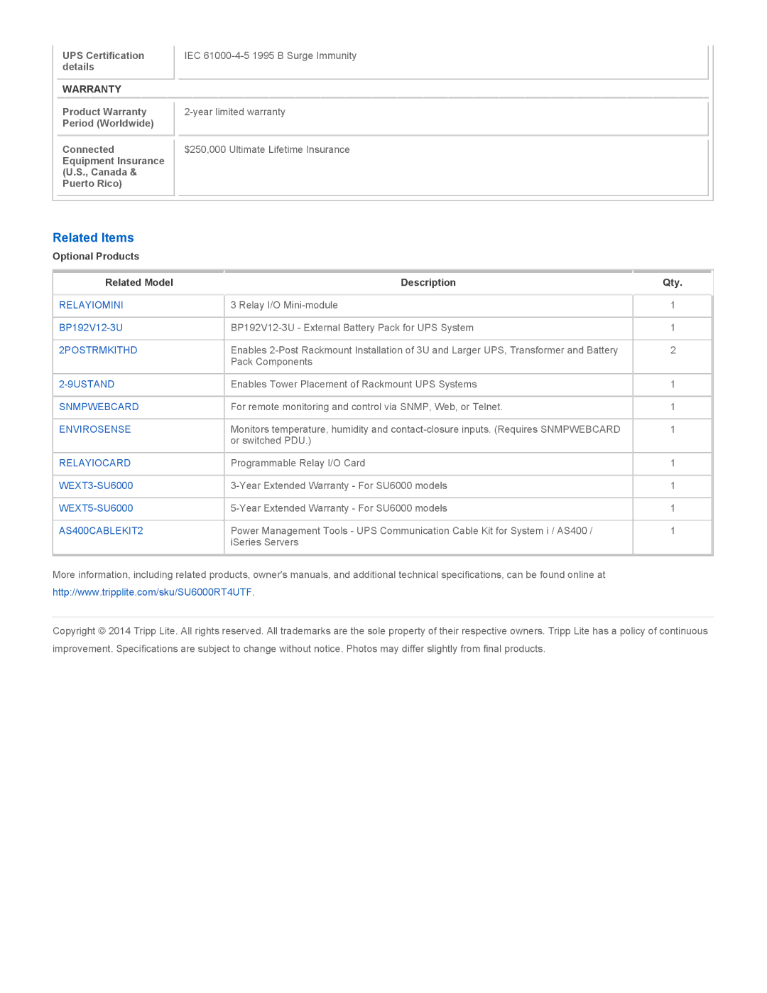 Tripp Lite SU6000RT4UTF warranty Related Items, UPS Certification details, Warranty 