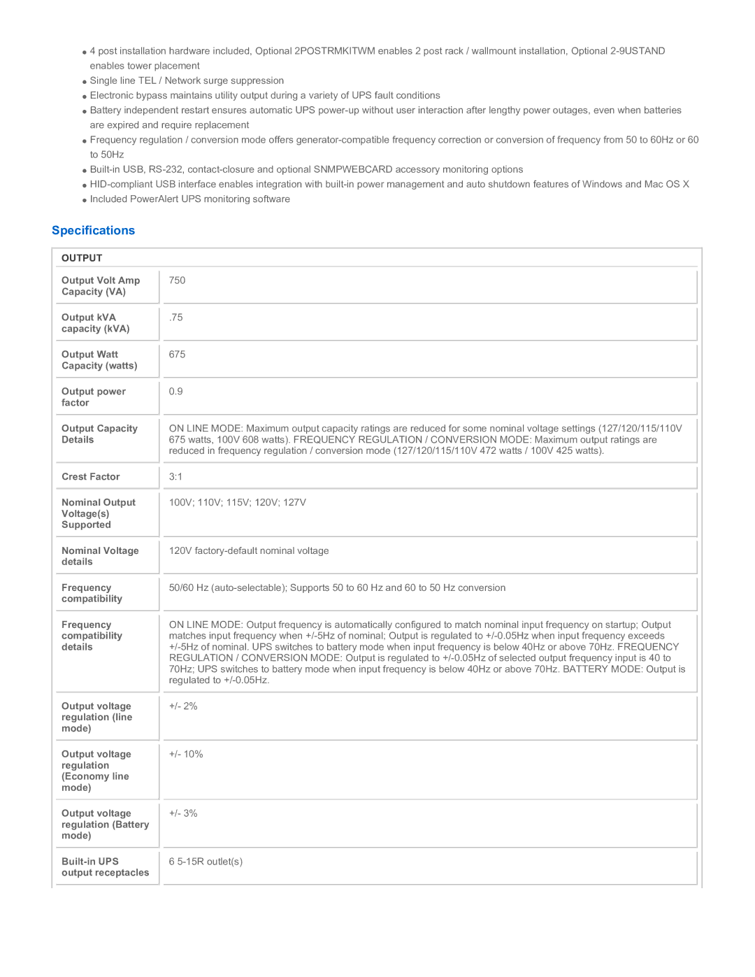 Tripp Lite SU750RTXLCD2U instruction manual Specifications, Output 