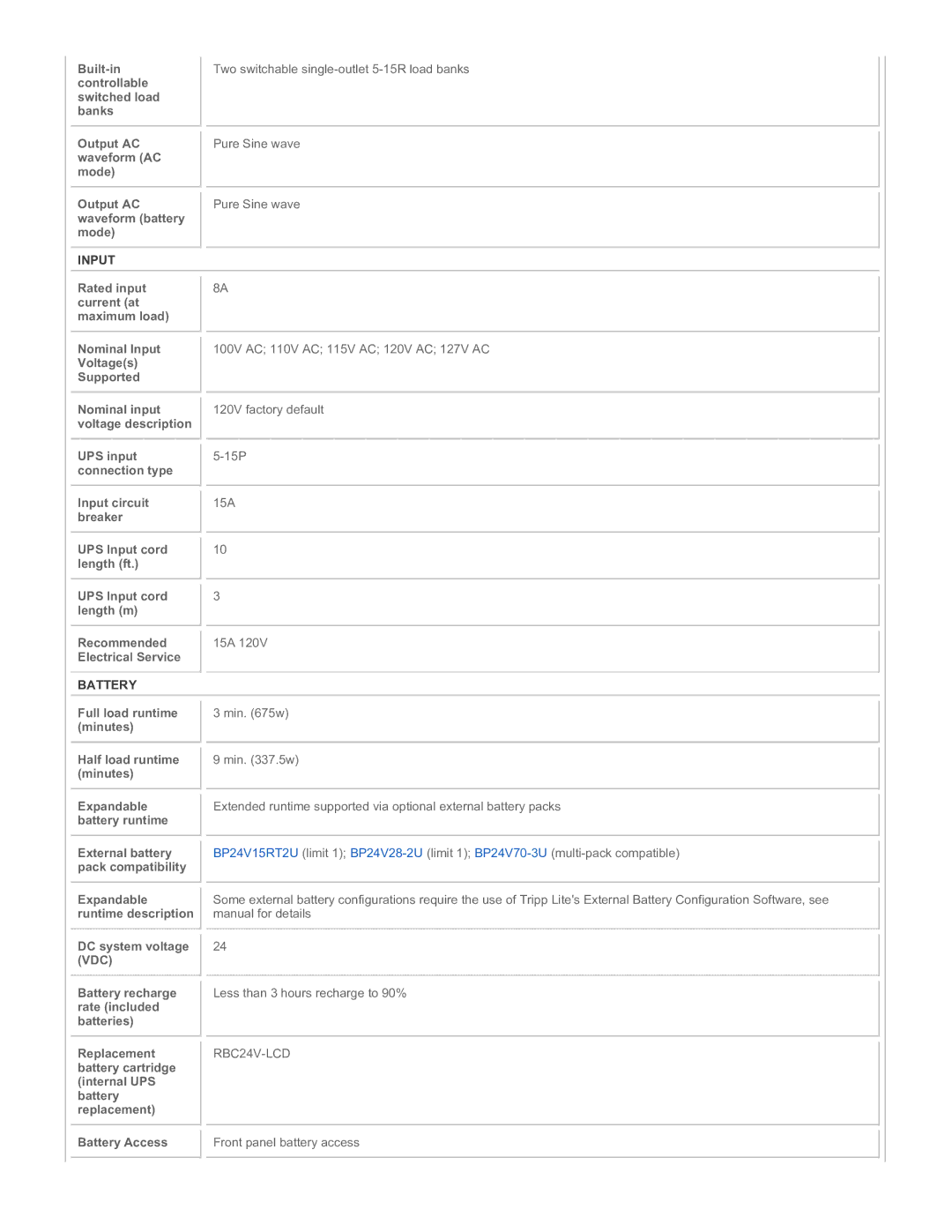 Tripp Lite SU750RTXLCD2U instruction manual Input, Battery 