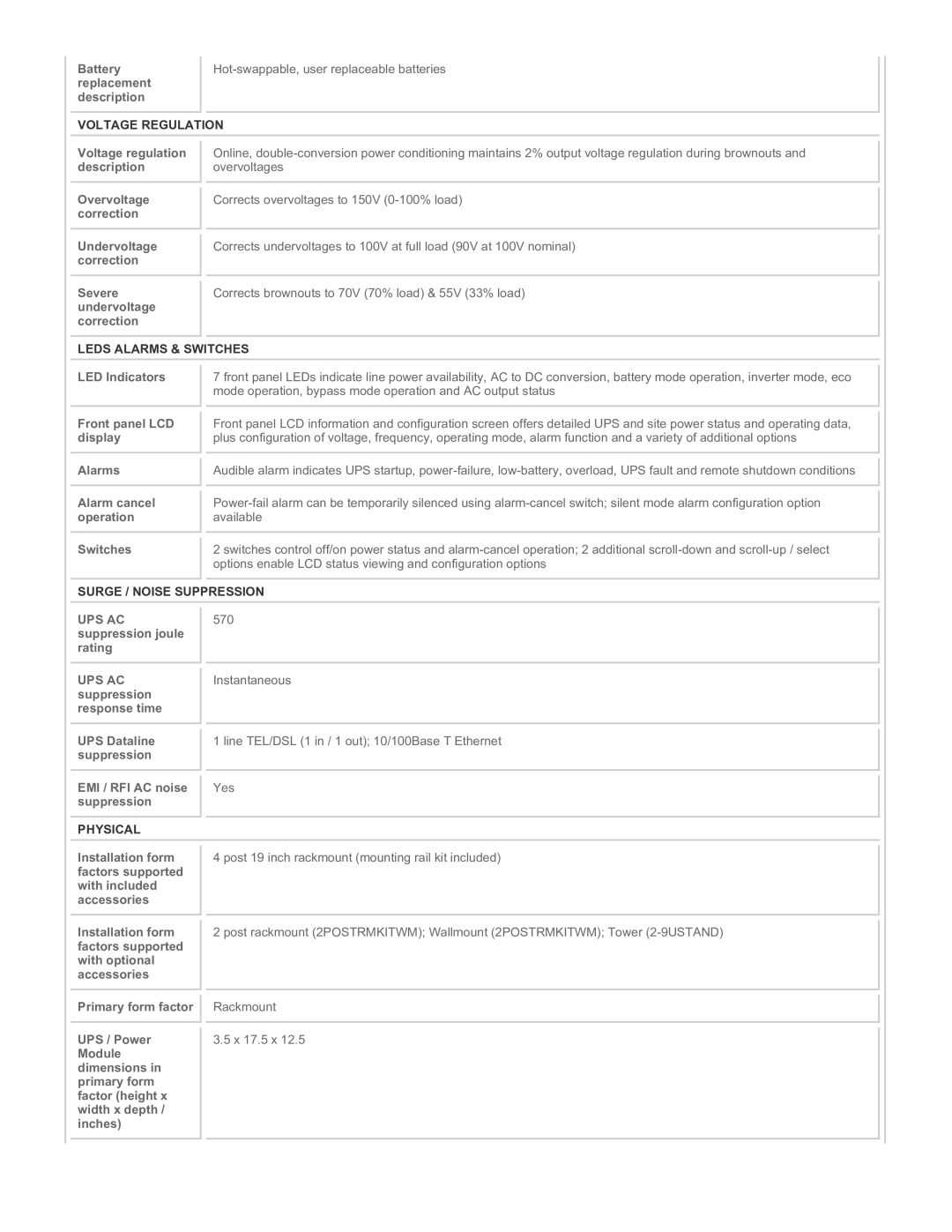 Tripp Lite SU750RTXLCD2U instruction manual Voltage Regulation, Leds Alarms & Switches, Surge / Noise Suppression, Physical 