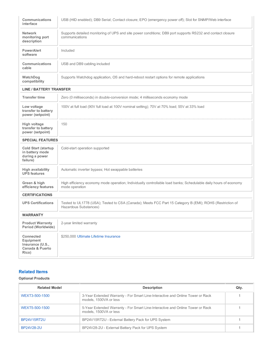Tripp Lite SU750RTXLCD2U Related Items, Line / Battery Transfer, Special Features, Certifications, Warranty 
