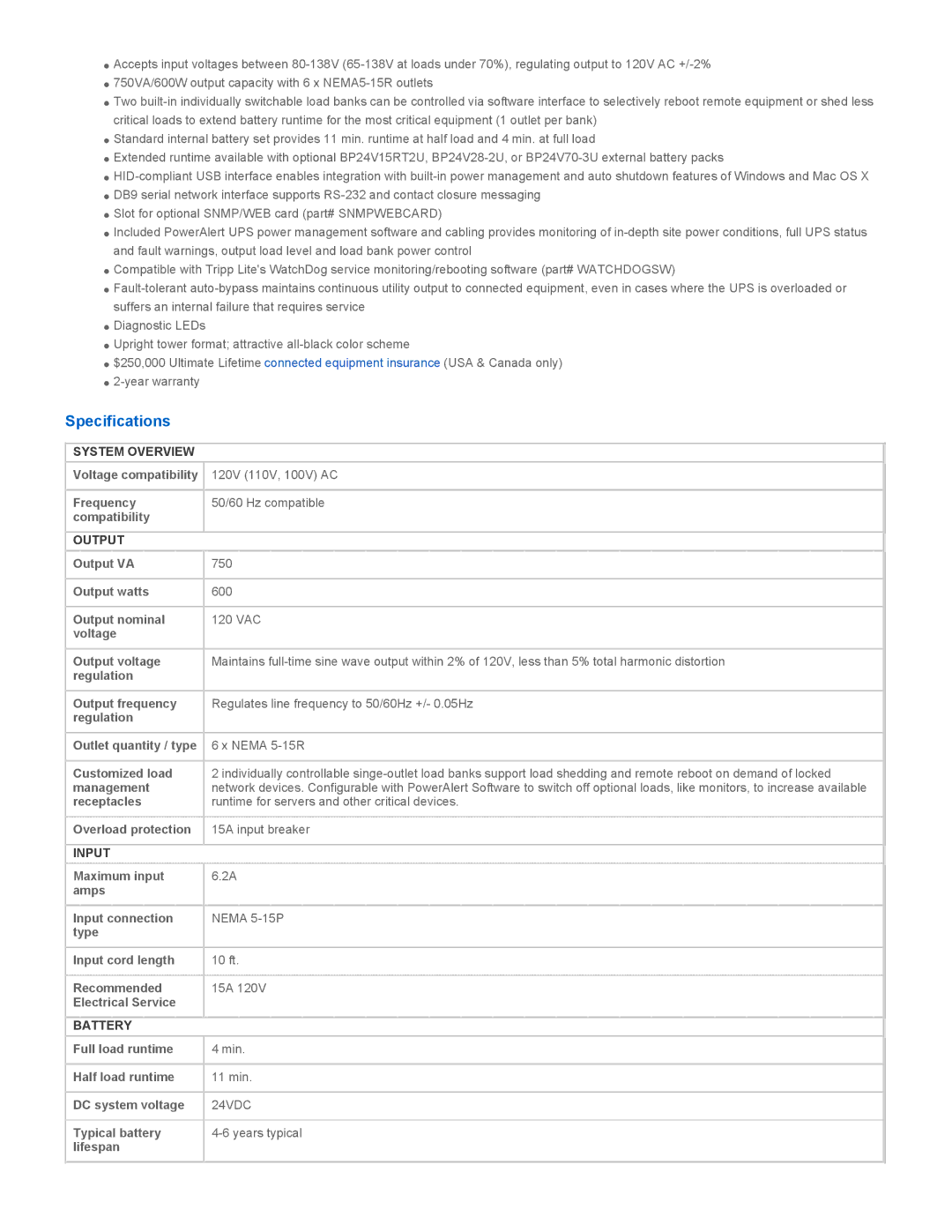 Tripp Lite SU750XL owner manual Specifications, System Overview, Output, Input, Battery 