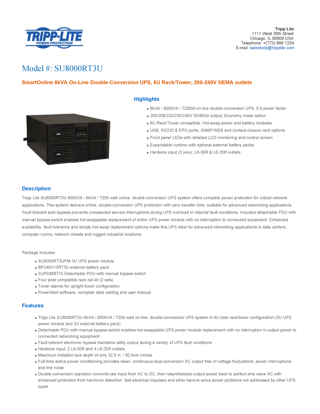 Tripp Lite user manual Highlights, Description, Features, Model # SU8000RT3U 
