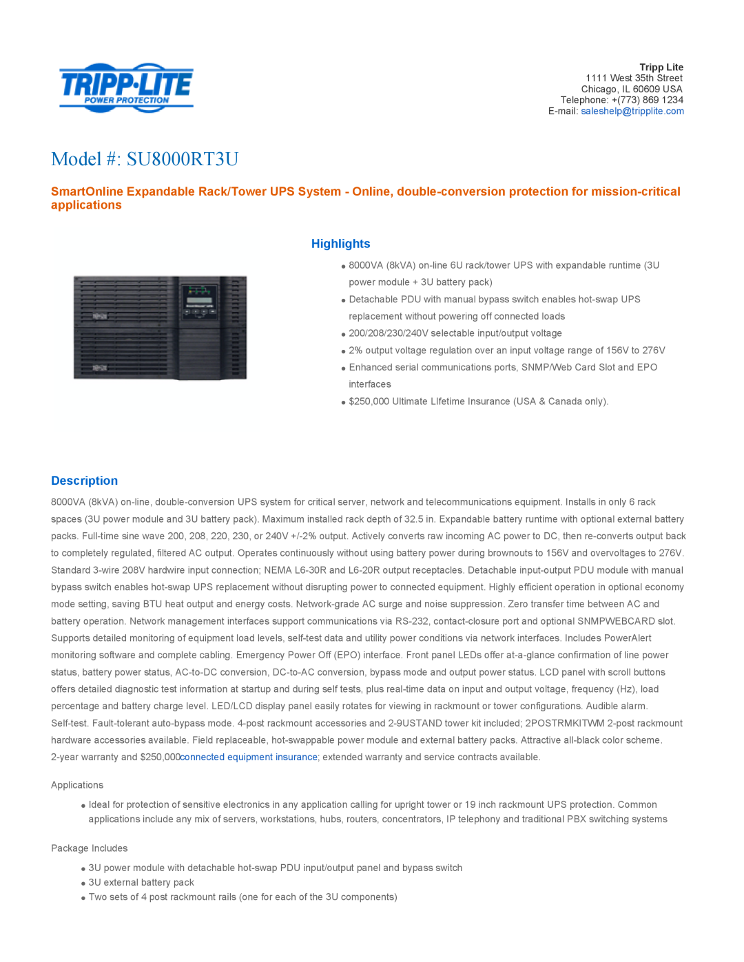 Tripp Lite user manual Highlights, Description, Features, Model # SU8000RT3U 
