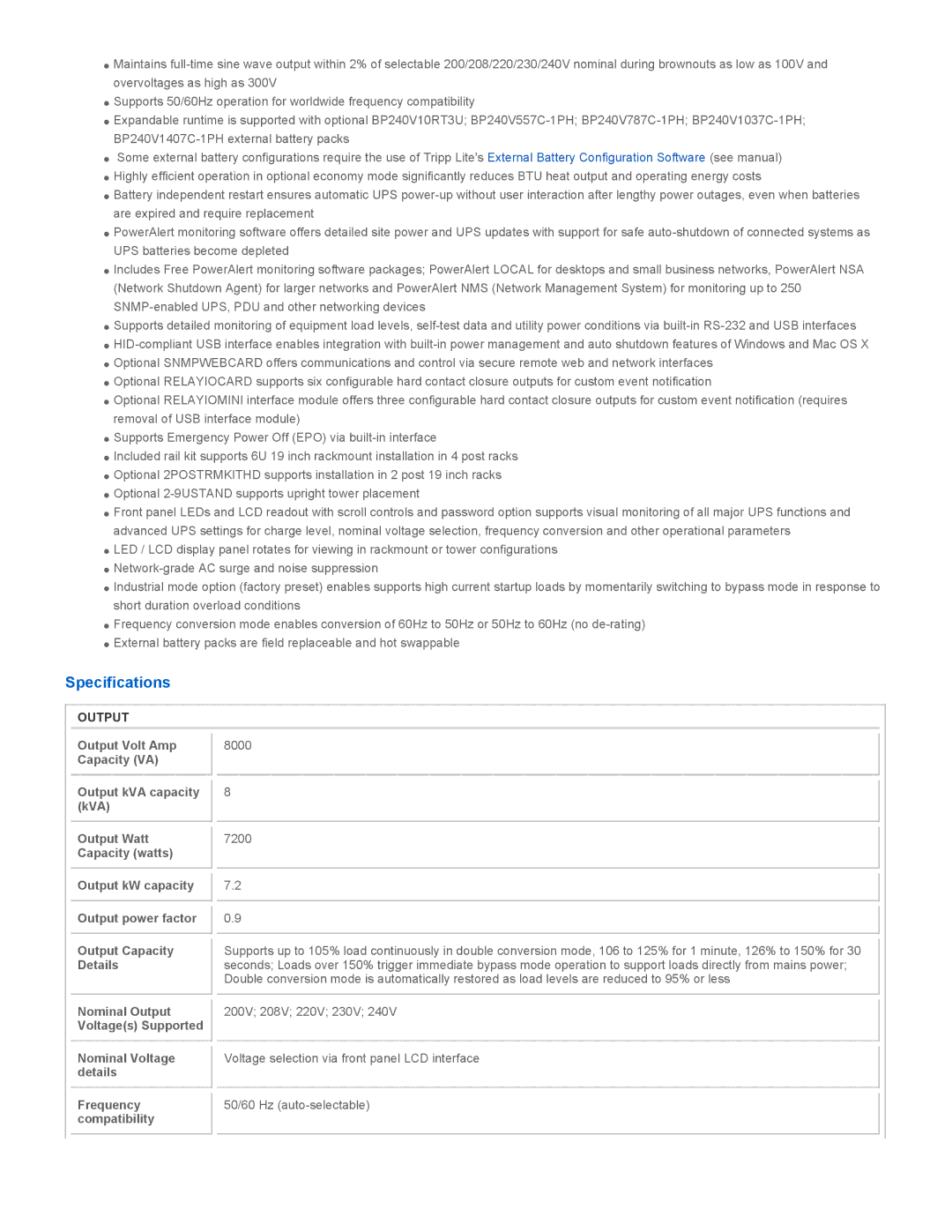 Tripp Lite SU8000RT3U Specifications, Output kVA capacity kVA, Nominal Voltage details Frequency compatibility 