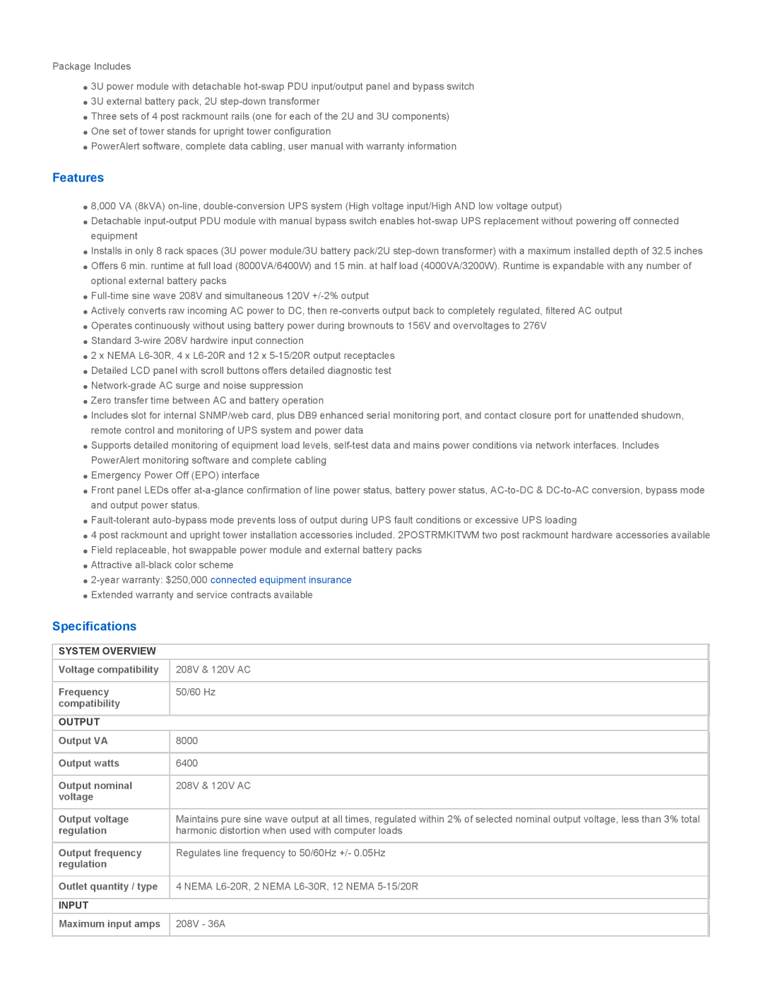 Tripp Lite SU8000RT3U1TF warranty Features, Specifications, System Overview, Output, Input 