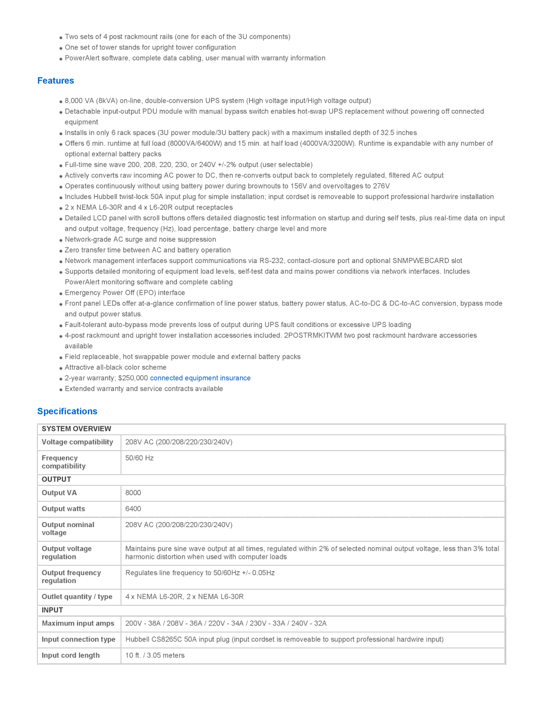 Tripp Lite SU8000RT3UN50 warranty Features, Specifications, System Overview, Output, Input 