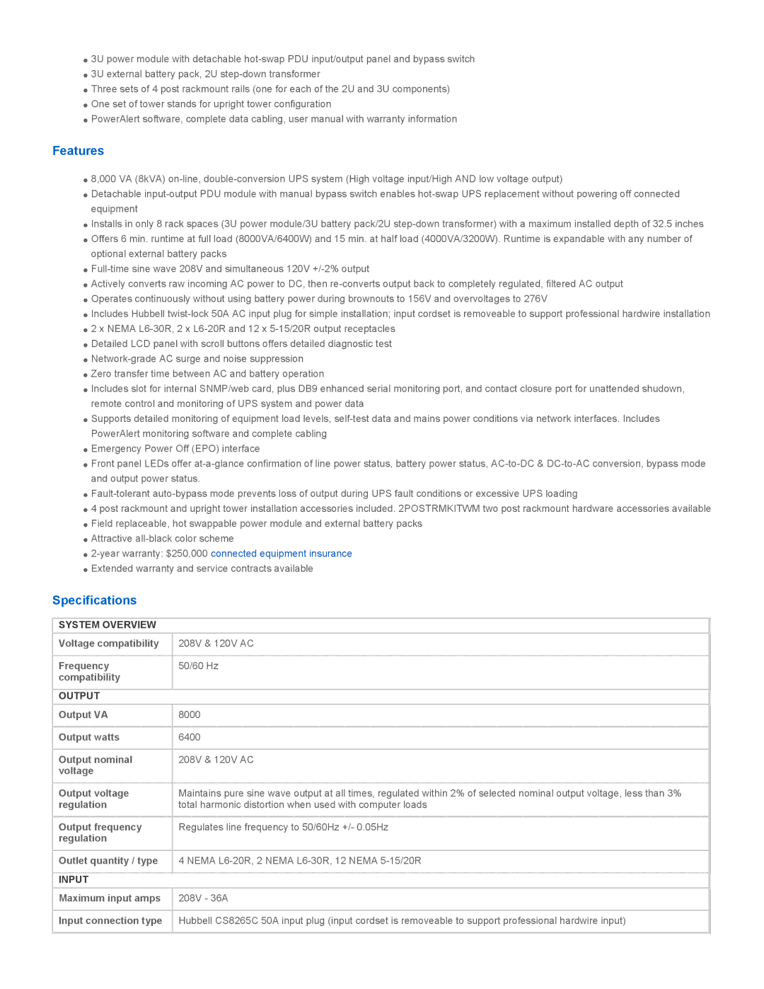 Tripp Lite SU8000RT3UN50TF warranty Features, Specifications, System Overview, Output, Input 