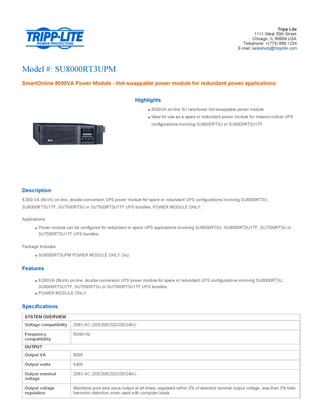 Tripp Lite SU8000RT3UPM specifications Highlights, Description, Features, Specifications 